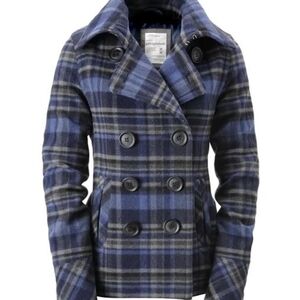 Aeropostale Women's Navy and Gray Plaid Peacoat